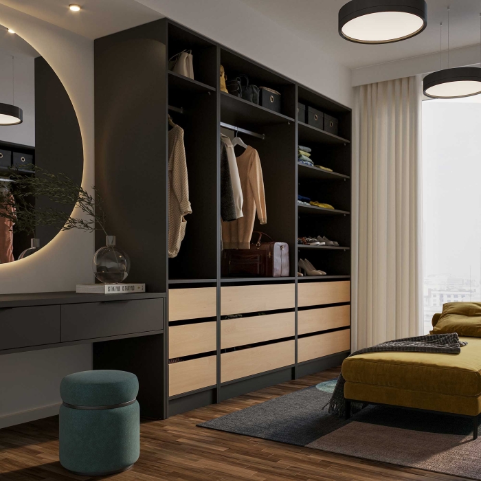 Kleiderschrank offen | schmal | mit drei Schubladen und...