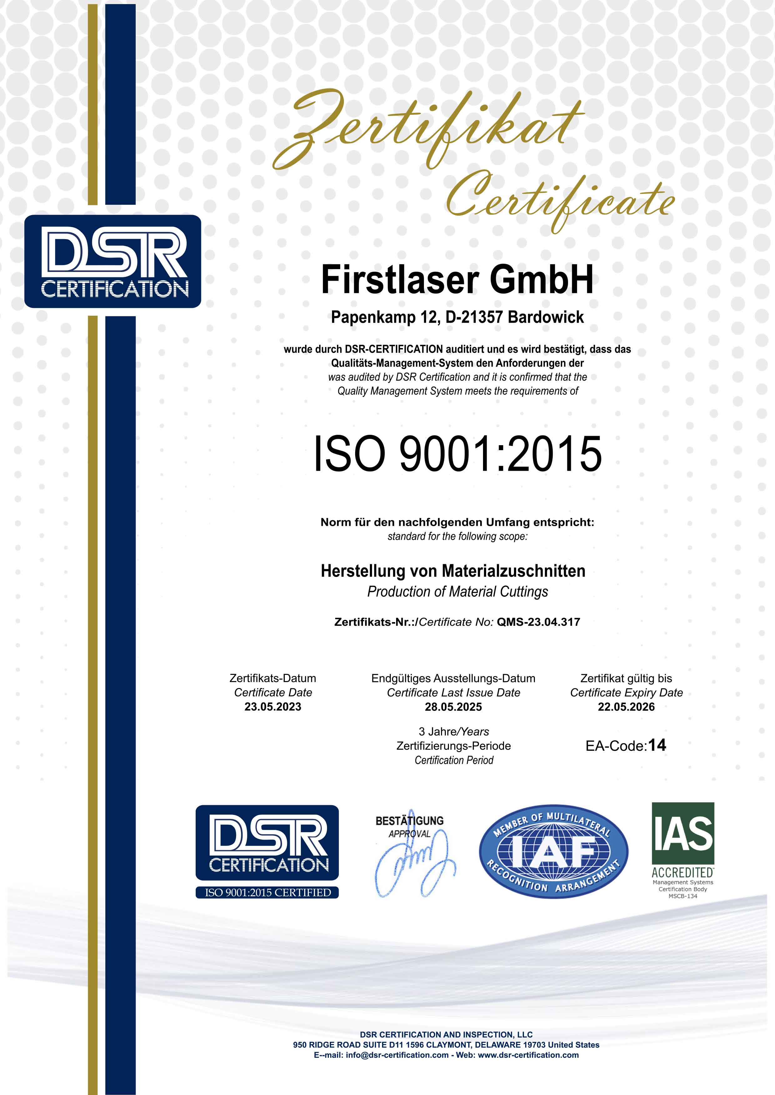 Zertifikat Firstlaser